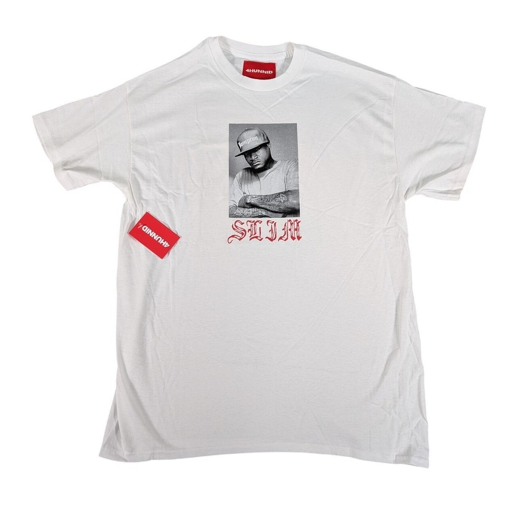 4 Hunnid Slim Shirt Mens Large White Rap Tee Limited Edition Hip Hop Graphic New